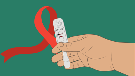 Red ribbon HIV awareness symbol with a hand holding a test strip.