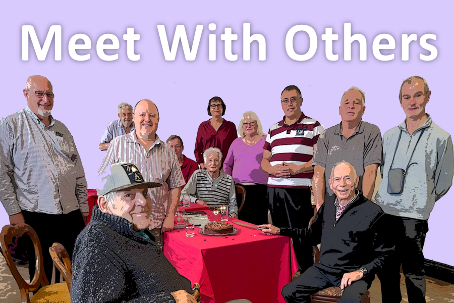 Caption, Meet With Others, Picture a diverse group of happy older people.