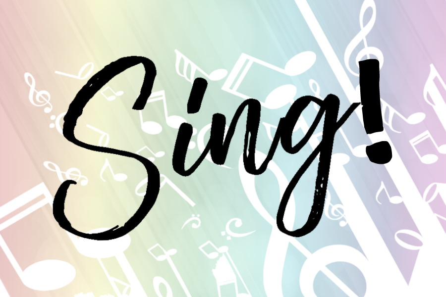 The word Sing! on a rainbow coloured background with musical notes
