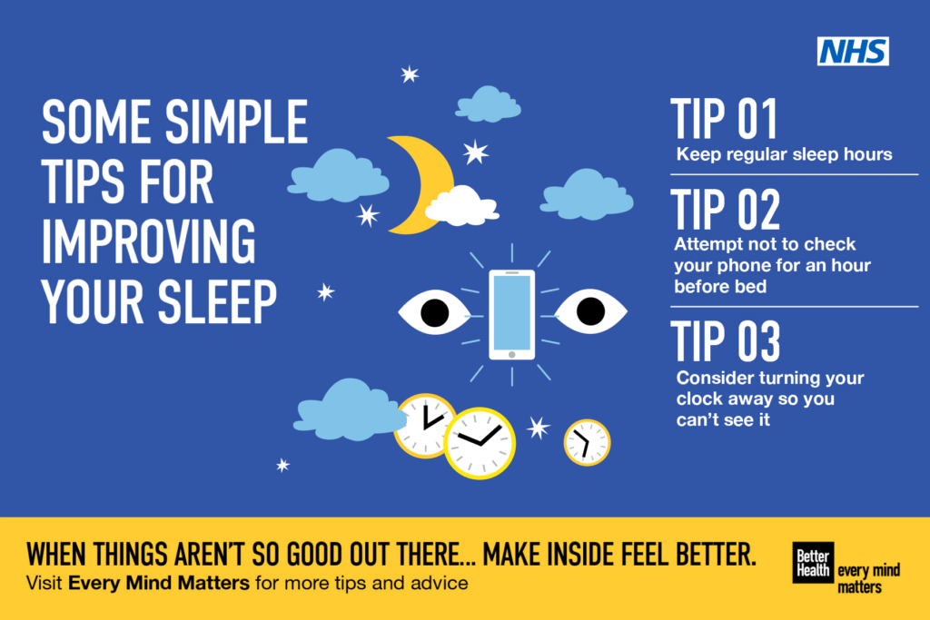 Dark blue sky with cartoon eyes, clouds, clocks and mobile phone. Caption says some simple tips for improving your sleep.