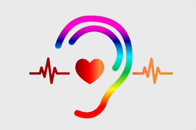 Symbol of an ear containing a heart in rainbow colours
