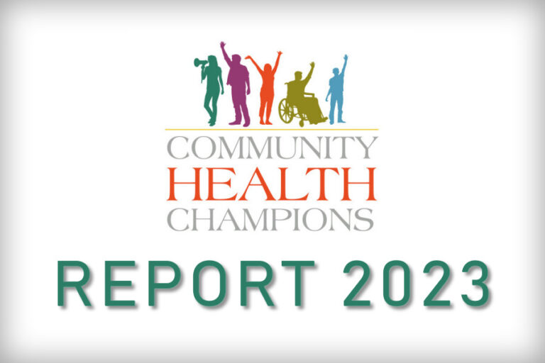 Diverse rainbow coloured figures with words Community Health Champions and Report 2023