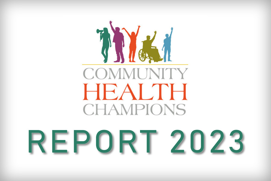 Diverse rainbow coloured figures with words Community Health Champions and Report 2023