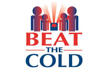 Beat The Cold logo. The symbols of two adults and two children with rays of warmth changing their colour from blue to orange.