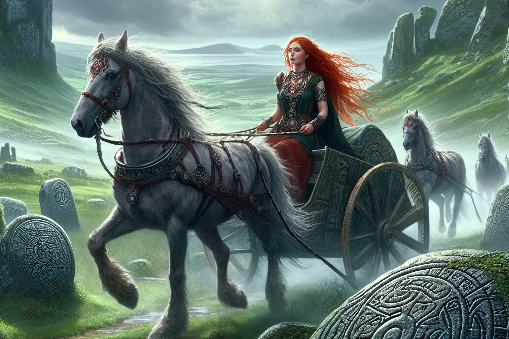 Celtic female warrior riding a chariot in an ancient landscape
