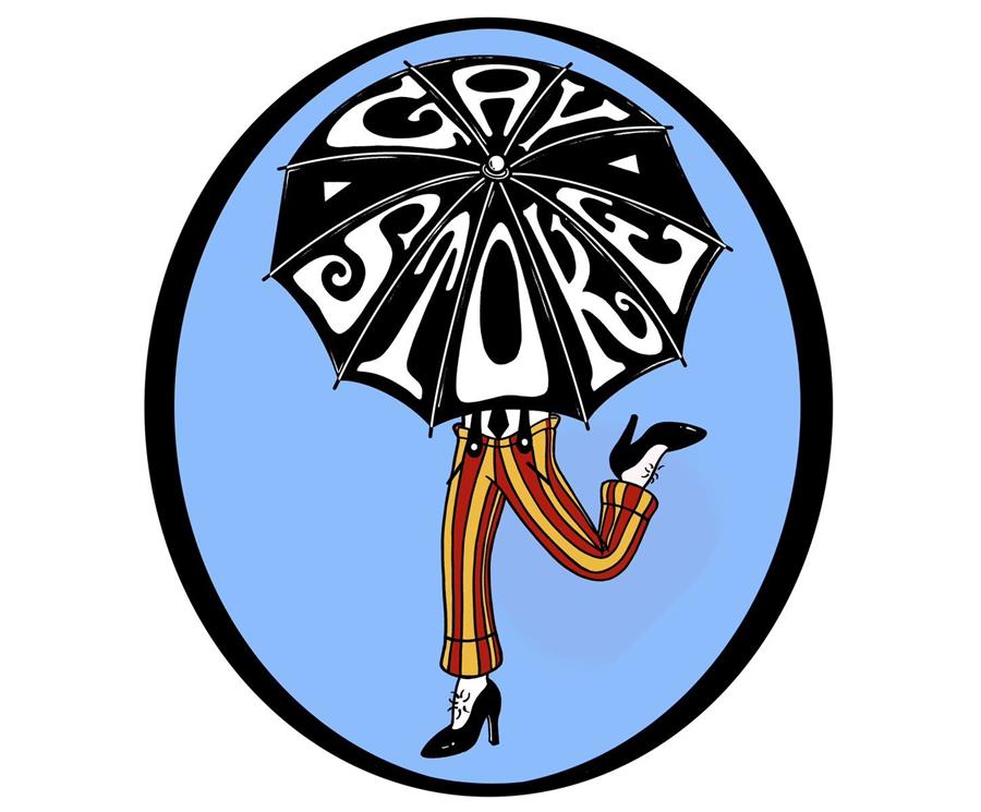 An umbrella with the words gay stoke in retro typeface. Two legs in striped trousers and high shoes looking camp.