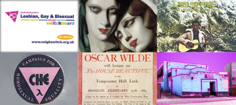 A montage of pictures including North Staffordshire Lesbian and Gay Switchboard, a CHE badge, the Club, Oscar Wilde in Leek and Labi Siffre