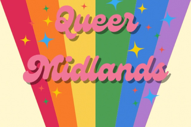A pastel coloured rainbow with coloured stars and the words queer midlands in pink retro style text