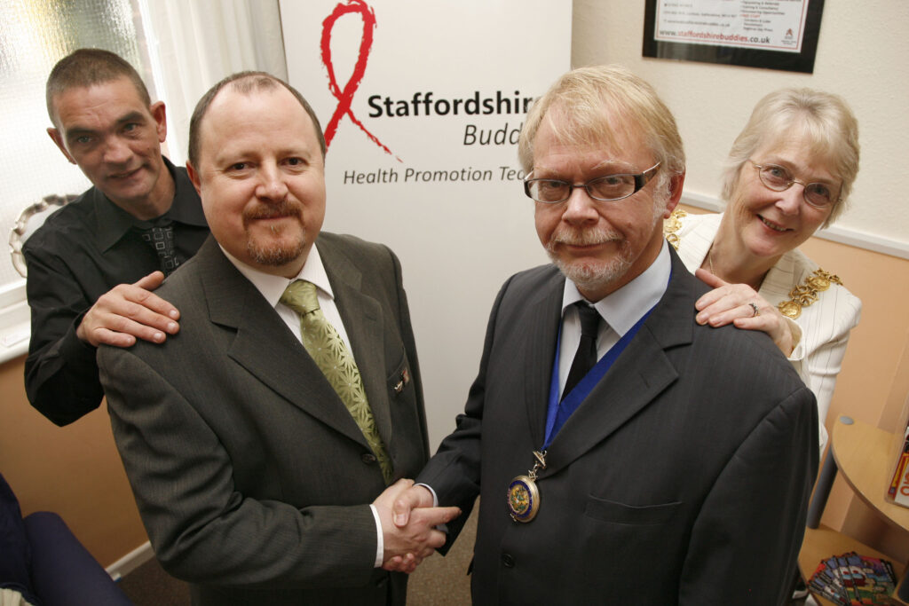 The Launch of Staffordshire Buddies Health Promotion in 2009. From Left to Right: Scott Ormerod, Health Promotion Manager, Andrew Colclough, Staffordshire Buddies Director, Joseph Powell, Deputy Leader of Lichfield District Council. Jean Tabernor, The Worshipful the Mayor of Stafford Borough.