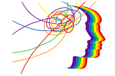 Androgynous head silhouette in profile repeated in rainbow colours. Multicoloured threads converge on the head and tangle in a ball where the brain would be.