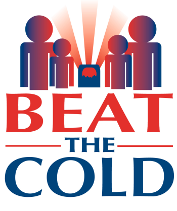 Beat The Cold logo. The symbols of two adults and two children with rays of warmth changing their colour from blue to orange.