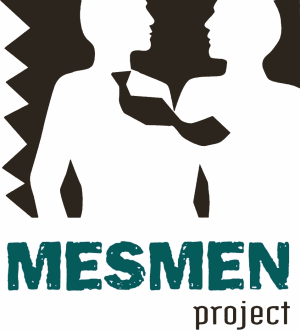 MESMEN project logo. Two men silhouetted in white on black connected by a tie and the words MESMEN Project